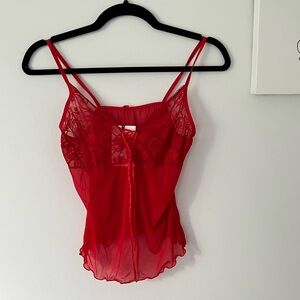 Red Sheer Spaghetti Strap Top with lace detail